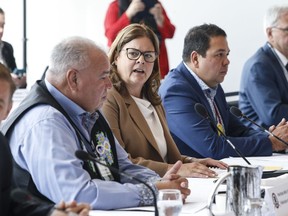 Heather Stefanson, Chair, Council of the Federation, and Premier of Manitoba talks with David Chartrand, Manitoba Metis Federation president, at the Canadian premiers and National Indigenous Organizations meeting in Winnipeg, Monday, July 10, 2023.