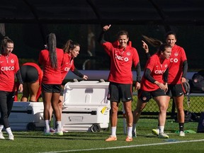 Canada's Christine Sinclair gestures during a training session ahead of the FIFA Women's World Cup in Melbourne, Australia, Monday, July 17, 2023.