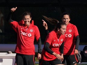 Canada's Christine Sinclair, left, gestures during a training session ahead of the FIFA Women's World Cup in Melbourne, Australia, Monday, July 17, 2023.