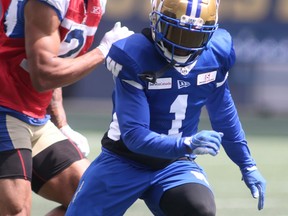 Winnipeg Blue Bombers' Deatrick Nichols takes part in at team practice.