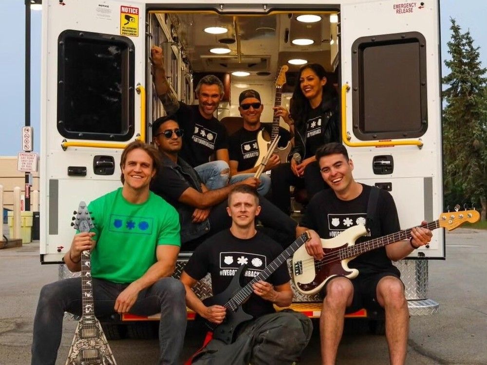 (Left to right) Responderpaloozers band members: Front: Mike Ogilvie, Brendan Fast and Matt Granger; Second: Rohit Saini and Nicole Mccorrister; Third: Tim Partridge and Chad Creran. Dubbed the Responderpaloozas, a band made up of first responders is getting their big shot, a gig at the opening ceremonies of the 2023 World Police and Fire Games at Canada Life Centre in Winnipeg on July 28, 2023. later this month. The seven-member band is drawn from bands who have performed at the first two Responderpalooza charity concerts. They will play a 15-minute, three-song set during the opening ceremonies for the Games which run July 28 to Aug. 6. 
