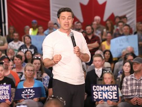 Conservative Leader Pierre Poilievre speaks during a rally in Sudbury, Ont. on Thursday, July 27, 2023.