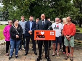 NDP Leader Wab Kinew speaks at a campaign announcement in Brandon