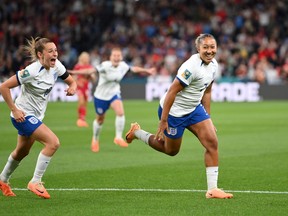 Lauren James (R) of England celebrates after scoring her team's first goal during the FIFA Women's World Cup Group D match between England and Denmark at Sydney Football Stadium on July 28, 2023 in Sydney.