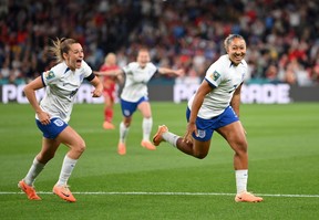 Lauren James (R) of England celebrates after scoring her team's first goal during the FIFA Women's World Cup Group D match between England and Denmark at Sydney Football Stadium on July 28, 2023 in Sydney.