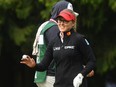 Brooke Henderson of Canada reacts to a chip on the first green during the second round of the CPKC Women's Open at Shaughnessy Golf and Country Club on August 25, 2023 in Vancouver.