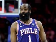 James Harden #1 of the Philadelphia 76ers dribbles against the Boston Celtics.