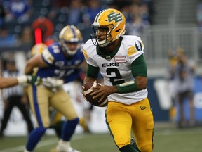 Edmonton Elks quarterback Tre Ford looks downfield against the Winnipeg Blue Bombers during the first half of pre-season CFL action in Winnipeg, Friday, May 27, 2022.