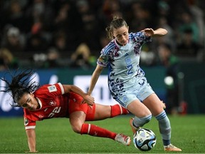 Spain's defender #02 Ona Batlle and Switzerland's forward #22 Meriame Terchoun fight for the ball during the Australia and New Zealand 2023 Women's World Cup round of 16 football match between Switzerland and Spain at Eden Park in Auckland on August 5, 2023.