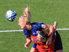 Netherlands' defender #03 Stefanie van der Gragt and Spain's forward #09 Esther Gonzalez fight for the ball during the Australia and New Zealand 2023 Women's World Cup quarter-final football match between Spain and the Netherlands at Wellington Stadium on August 11, 2023.