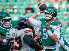 Saskatchewan Roughriders quarterback Jake Dolegala (9) throws against the BC Lions during the first half of pre-season CFL football action in Regina, on Saturday, May 27, 2023. Jake Dolegala is looking forward to making his first start for the Saskatchewan Roughriders under normal circumstances.