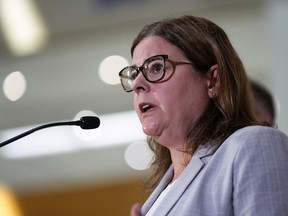 Manitoba Premier Heather Stefanson speaks during a news conference, in Winnipeg, on Monday, June 19, 2023. Stefanson says some government advertising will continue in the lead-up to the Oct. 3 election.THE CANADIAN PRESS/Darryl Dyck