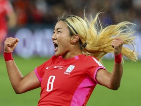South Korea's Cho So-hyun reacts after scoring her team's first goal during the Women's World Cup Group H soccer match between South Korea and Germany in Brisbane, Australia, Thursday, Aug. 3, 2023.