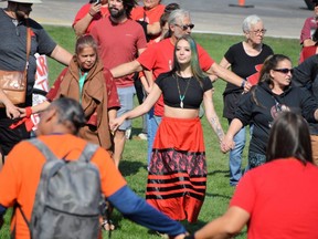 Round dance during a rally at the Manitoba Legislature
