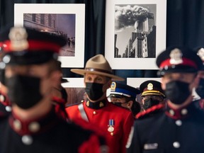 First responders commemorate 9/11 during an event in Montreal on the 20th anniversary of the attacks in 2021.