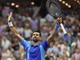 Novak Djokovic of Serbia celebrates after defeating Borna Gojo of Croatia in their Men's Singles Fourth Round match on Day Seven of the 2023 US Open at the USTA Billie Jean King National Tennis Center on September 03, 2023 in the Flushing neighborhood of the Queens borough of New York City.