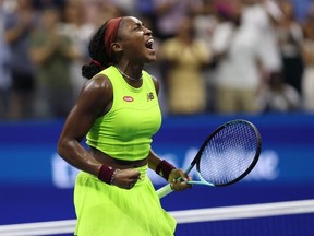 Coco Gauff of the United States celebrates match point against Karolina Muchova of the Czech Republic during their Women's Singles Semifinal match on Day Eleven of the 2023 US Open at the USTA Billie Jean King National Tennis Center on September 07, 2023 in the Flushing neighborhood of the Queens borough of New York City.