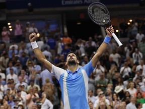 Novak Djokovic of Serbia celebrates his victory against Ben Shelton of the United States during their Men's Singles Semifinal match on Day Twelve of the 2023 US Open at the USTA Billie Jean King National Tennis Center on September 08, 2023 in the Flushing neighborhood of the Queens borough of New York City.