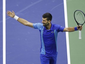 Novak Djokovic of Serbia reacts after a point against Daniil Medvedev of Russia during their Men's Singles Final match on Day Fourteen of the 2023 US Open at the USTA Billie Jean King National Tennis Center on September 10, 2023 in the Flushing neighborhood of the Queens borough of New York City.