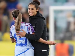 Montse Tome, Head Coach of Spain celebrates with Eva Navarro of Spain following victory in the UEFA Womens Nations League match between Sweden and Spain at Gamla Ullevi on September 22, 2023 in Gothenburg, Sweden.
