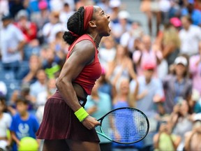 USA's Coco Gauff reacts after defeating Denmark's Caroline Wozniacki in their US Open tennis tournament women's singles round of 16 match at the USTA Billie Jean King National Tennis Center in New York City, on September 3, 2023.