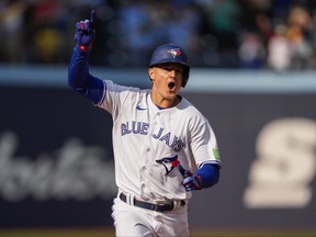 Toronto Blue Jays third baseman Matt Chapman celebrates his walk-off double against the Boston Red Sox during ninth-inning MLB action in Toronto on Sunday, Sept. 17, 2023.