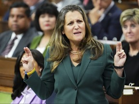 Deputy Prime Minister and Minister of Finance Chrystia Freeland answers a question during question period in the House of Commons on Parliament Hill in Ottawa on Tuesday, Sept. 19, 2023.