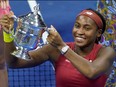 USA's Coco Gauff poses with the trophy after winning the U.S. Open tennis tournament women's singles final match against Belarus's Aryna Sabalenka at the USTA Billie Jean King National Tennis Center in New York City, on Sept. 9, 2023.