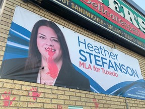 A vandalized Heather Stefanson campaign sign