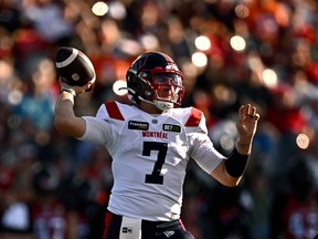 Alouettes quarterback Cody Fajardo (7) throws the ball during first half CFL football action against the Redblacks in Ottawa on Saturday, Sept. 30, 2023.