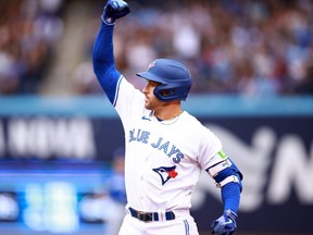 George Springer of the Toronto Blue Jays celebrates after hitting a RBI single in the fifth inning of the game against the Kansas City Royals at Rogers Centre on Sept. 9, 2023 in Toronto.