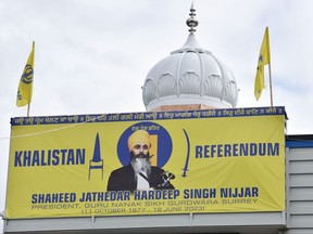 An image of former Gurdwara President Jathedar Hardeep Singh Nijjar is displayed at the Guru Nanak Sikh Gurdwara temple in Surrey, B.C., on Sept. 19, 2023.