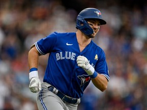 Spencer Horwitz of the Toronto Blue Jays runs the bases after hitting a fourth inning solo home run against the Colorado Rockies at Coors Field on Sept. 3, 2023 in Denver, Col.