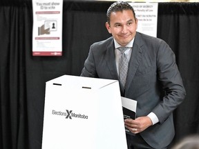 Manitoba NDP Leader Wab Kinew casts his ballot on the first day of advance voting