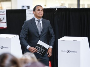 Manitoba provincial NDP leader Wab Kinew. voting in an early poll at a shopping mall in Winnipeg Saturday, accused the Tories of being divisive. “I don’t think it’s appropriate for a political party to use other Manitobans as a political prop.”