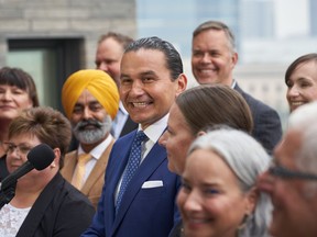 Manitoba NDP Leader Wab Kinew speaks to media during a press conference to kick off the 2023 Manitoba election campaign at the West Broadway Commons in Winnipeg on Tuesday, Sept. 5, 2023.