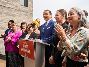 Manitoba's largest nurses union is endorsing the provincial NDP's health-care plan ahead of the Oct. 3 election. Manitoba NDP Leader Wab Kinew speaks to media during a press conference in Winnipeg, Tuesday, Sept. 5, 2023.