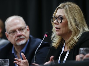 Manitoba MLA Rochelle Squires speaks at a Ministerial Bear Pit Session at the convention centre in Winnipeg on Saturday, April 15, 2023. She says the Progressive Conservatives would eliminate the land transfer tax for first-time homebuyers in the province if re-elected on Oct. 3.