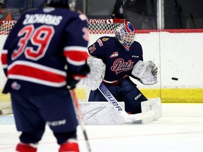 Regina Pats goaltender Kelton Pyne (31) makes a save against the Brandon Wheat Kings in WHL pre-season action at the Brandt Centre in Regina on Friday, September 8, 2023.