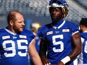 Willie Jefferson (right) and Jake Thomas at Winnipeg Blue Bombers practice