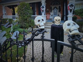 This Belleville home is sure to entertain this Halloween with all manner of spooky figures including skulls and cemetery gravestones in the front yard.
