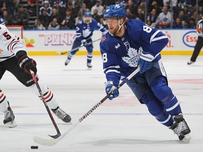 William Nylander of the Toronto Maple Leafs breaks in for a shot against the Chicago Blackhawks.