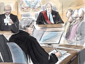 Former Canadian fashion mogul Peter Nygard, the court clerk, Nygard's lawyer Brian Greenspan, Justice Robert Goldstein and jurors are seen in a court illustration made in Toronto, Thursday, Sept. 21, 2023.