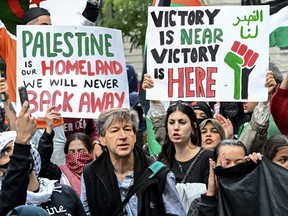 People take part in a protest for Palestine in Montreal, Sunday, October 8, 2023. /