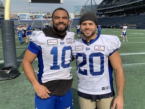 Winnipeg Blue Bombers teammates Nic Demski (left) and Brady Oliveira are both having career seasons. They were both born in Winnipeg and both went to Oak Park High School before starting their pro careers.