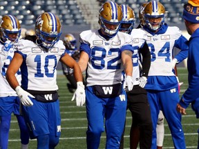 Blue Bombers receivers Nic Demski (l to r), Drew Wolitarsky and Brendan O'Leary-Orange will be among those needed to pick up slack, with star receiver Dalton Schoen likely out of the lineup Saturday against the Edmonton Elks.