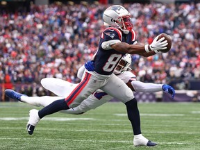 Demario Douglas of the New England Patriots catches the ball against the Buffalo Bills at Gillette Stadium on October 22, 2023 in Foxborough, Massachusetts.