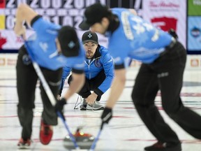 Team Quebec skip Félix Asselin watches a shot at the 2023 Tim Hortons Brier in London, Ontario on Thursday March 9, 2023. Canada advanced to the semifinals of the world mixed doubles curling championship with a 7-3 win over Australia on Friday. Asselin's team from suburban Montreal started swiftly with two points in the first, followed by steals of one and two in the following ends.THE CANADIAN PRESS/Frank Gunn