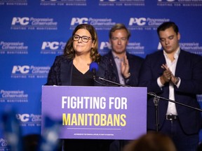 Manitoba Progressive Conservative Leader Heather Stefanson announces her resignation as party leader during a speech at the PC election night party in Winnipeg on Oct. 3, 2023.