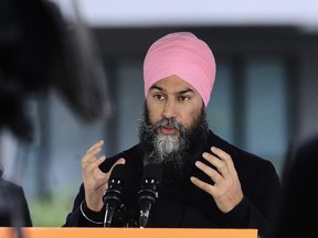 NDP leader Jagmeet Singh appears at a housing announcement in Burnaby, BC., on April 23, 2023.